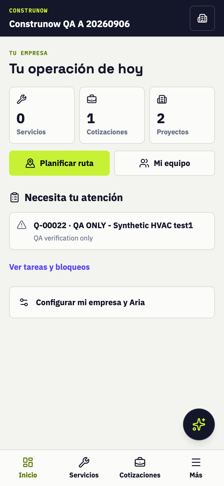 Inicio real de CONSTRUNOW: cotizaciones, proyectos, ruta y equipo en una pantalla móvil
